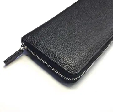 [ 오늘 발송! ] 주름 가공 천연 가죽 라운드 지퍼 장지갑 블랙 검정