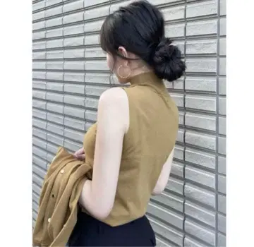 anuans 앙상블 니트 슬리브리스 하이넥 가디건 머스타드