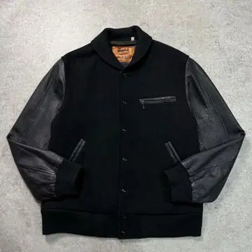 새상품급 GOWEST [ L ] 바시티 자켓 가죽 울 천연 가죽 블랙