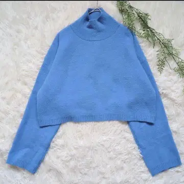 자라 크롭 기장 숏 기장 니트탑 하이넥 블루 L
