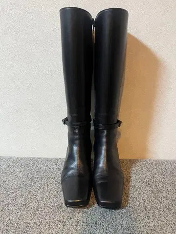 미사용 일본제 블랙 천연 가죽 롱 부츠 22.5EE