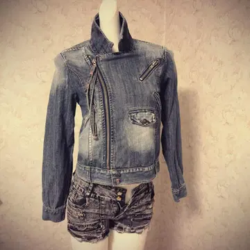 헤이세이 갸루 00s 데님 자켓 지퍼 스탠딩 칼라 Y2K