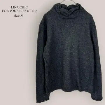 LINA CHIC 하이넥 스웨터 긴팔 모 100% 무인 차콜 그레이