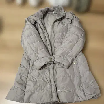 그레이 후드 부착 롱 다운 자켓