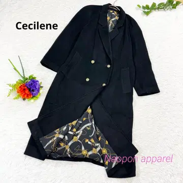 세시레느 캐시미어 100% 롱 코트 안감 체인 패턴 어깨 패드 블랙