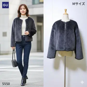 지유 인조 모피 노카라 숏 자켓 다크 그레이 아우터