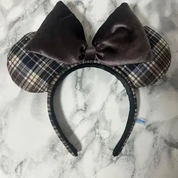 미키 귀 머리띠 체크 무늬 브라운
