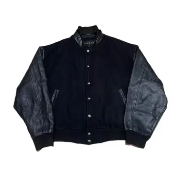 SUMAC 울 바시티 자켓 무지 올 블랙 소매 가죽 옷깃 가죽 캐나다제