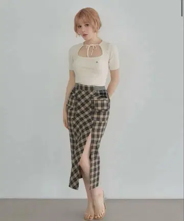 Andmary Anna 체크 롱 스커트 베이지 S