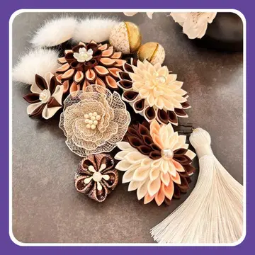 머리 장식 브라운 베이지 핑크 레이스 복슬복슬 츠마미세이잔 흔들림