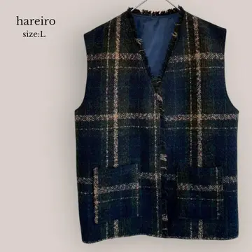 hareiro 체크 무늬 베스트 V넥 포켓 부착 네이비 루즈핏