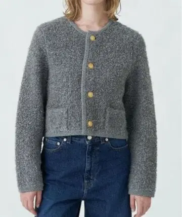 택 포함 맥피 무스탕 크루넥 가디건 그레이