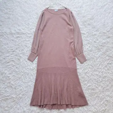 쿠미쿄쿠 플리츠 퍼프 슬리브 원피스 니트 원피스 핑크 사이즈 2