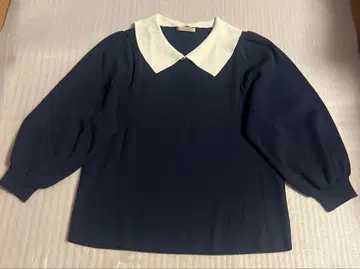 로즈 티아라 카라 부착 벌룬 슬리브 디자인 소매 티셔츠 네이비