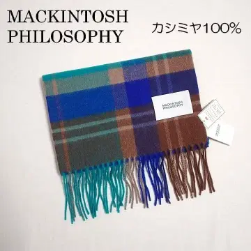 매킨토시 철학 캐시미어 100% 머플러 청록색 브라운 체크 무늬