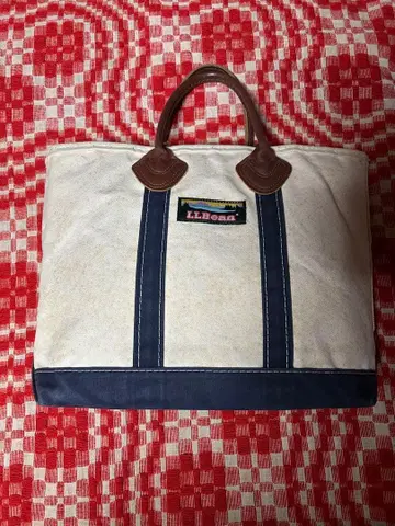 90s LLBean 토트백 가죽 아이보리/네이비