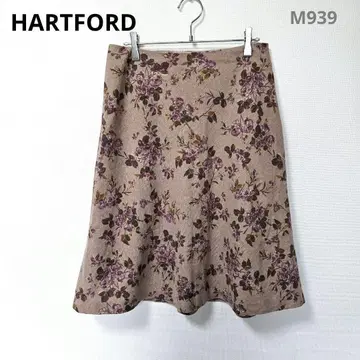 하트 플레어 스커트 꽃무늬 빅 사이즈 브라운 무릎 기장