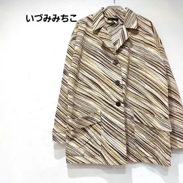 이즈미 미치코 스트라이프 자켓 브라운 얇은 소재 신축성 M 블루종 루즈핏
