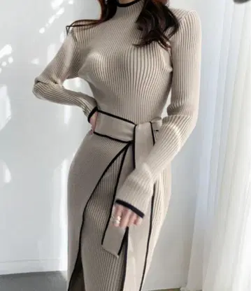 리브 베이지 니트 원피스