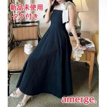 [택 포함 새상품] amerge 아멜쥬 리본 숄더 맥시 원피스 블랙