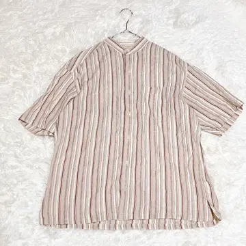 M0107 [인터메쪼] 반팔 셔츠 스트라이프 패턴 린넨 노카라