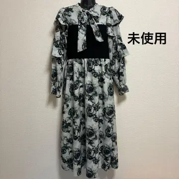 미사용 꽃무늬 장미 패턴 리본 프릴 롱 원피스 엑시즈팜