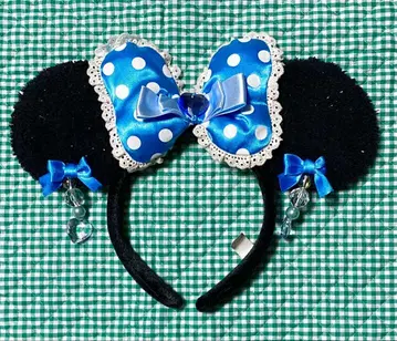 미니 머리띠 스카이블루 리본 도트 귀찌 포함 디즈니