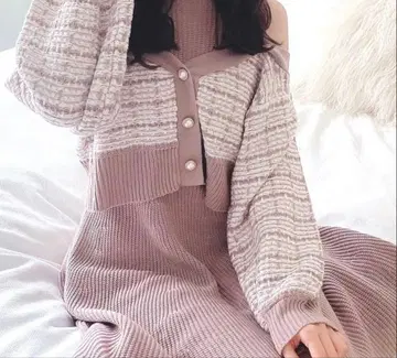 에블린 트위드 니트 원피스 핑크