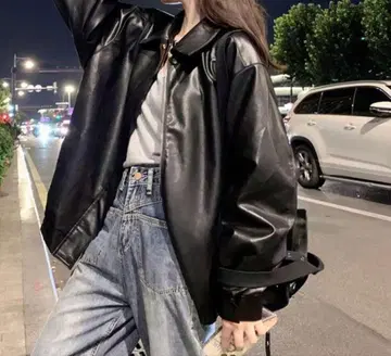 블랙 가죽 오버 사이즈 자켓