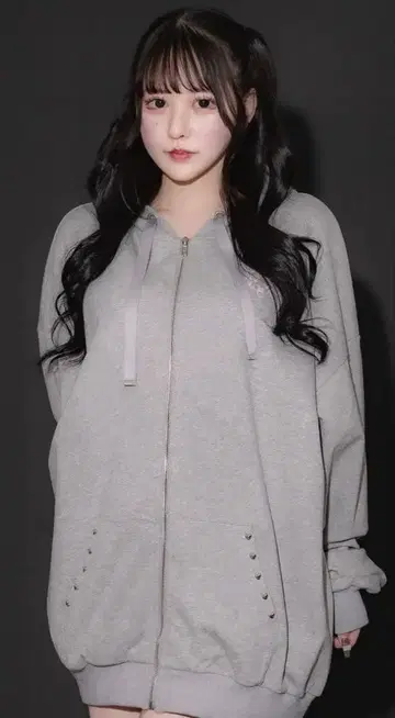 pium 리본 포션 오버 사이즈 지퍼 후드티 그레이