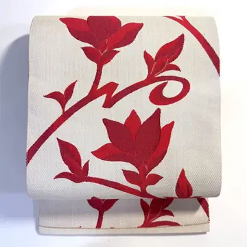 5k3030 나고야 오비 베이지 빨간색 꽃무늬 일본 의류 기모노