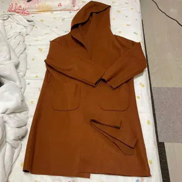 브라운 후드 부착 롱 코트 사이즈 F