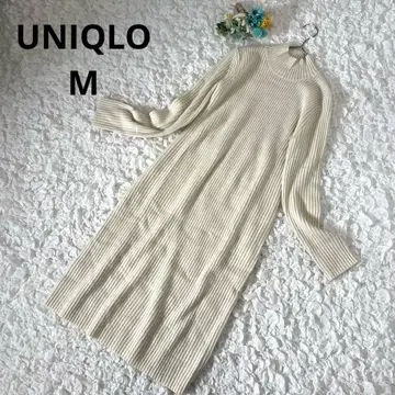 유니클로 리브 니트 원피스 롱 하이넥 아이보리 M