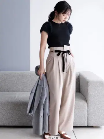 택 포함 새상품 아푸와이저 리셰 체인 벨트 포함 턱 와이드 팬츠