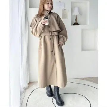 클래식 엘프 베이지 롱 코트 허리 벨트 포함
