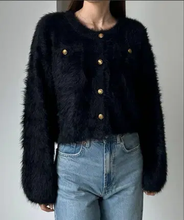 Louere 골드 버튼 샤기 니트 가디건 블랙 M 사이즈