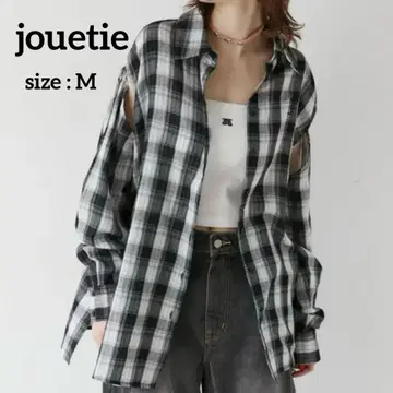 jouetie 2WAY 루즈 거즈 셔츠 체크 코튼 블랙 화이트 M