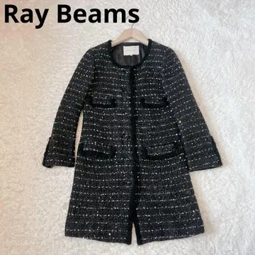 Ray Beams 울 혼방 노카라 트위드 스팽글 코트