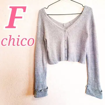 chico 그레이 V넥 가디건 F 사이즈 숏 기장 리브 니트
