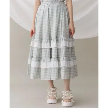 [ merry jenny ] 깅엄 레이스 플레어 스커트 ( 그린 )