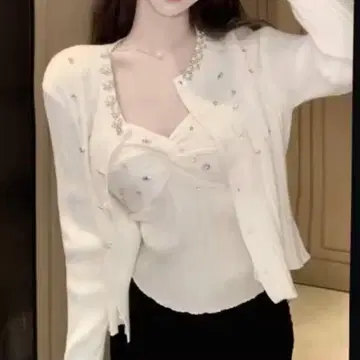 화이트 니트 가디건 긴팔 이너 세트