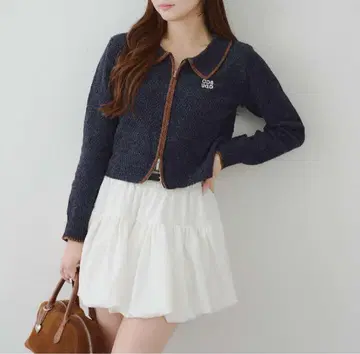네이비 니트 가디건 카라 부착