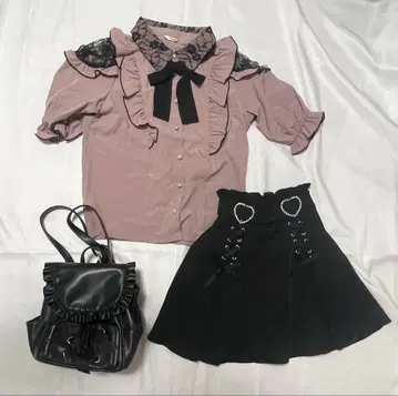 지뢰계 의류 세트/블라우스 스커트 백팩/더스티 핑크 x 블랙
