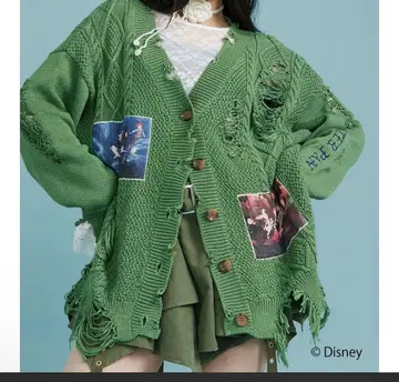 jouetie 디즈니 데미지 루즈 니트 가디건 피터팬 그린