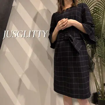 JUSGLITTY 윈도페인 체크 무늬 플레어 슬리브 리본 벨트