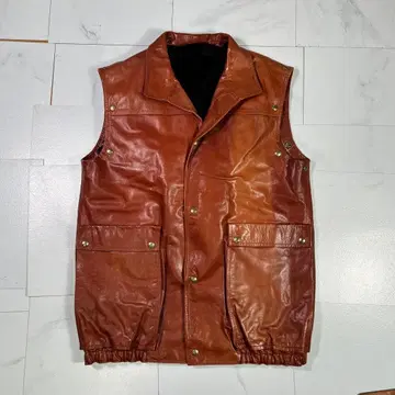 80s 가죽 베스트 천연 가죽 브라운 라이너 포함 카라 부착