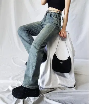 me+em select 컷 아웃 사이드 리본 워시 스트레이트 데님