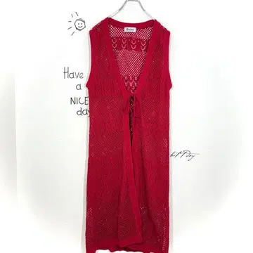 마켓 시스루 편직 롱베스트 슬리브리스 가디건 빨간색