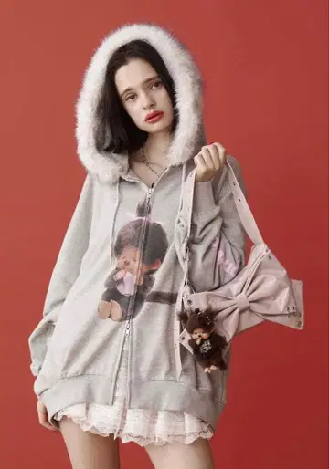 monchhichi x jouetie 퍼 도킹 ZIP 후디 그레이