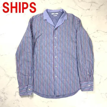 A3291 쉽스 긴팔 셔츠 면 스트라이프 오픈 카라 슬림핏 파랑 M